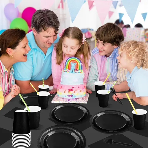 Miniatura 6 de Juego de 229 piezas de suministros de fiesta negros desechables de papel, vasos, cucharas de plástico, tenedores, cuchillos, servilletas negras