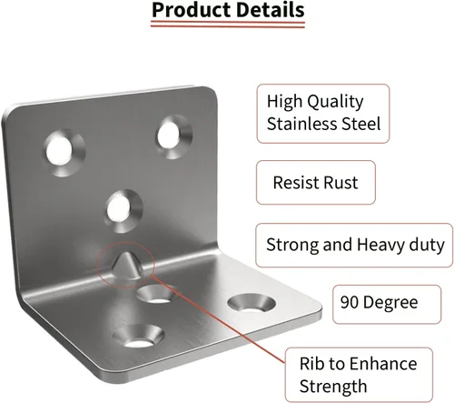 Miniatura 3 de Soporte de esquina de acero inoxidable plateado, soporte de ángulo recto de unión, soporte de esquina en L de metal resistente para estante