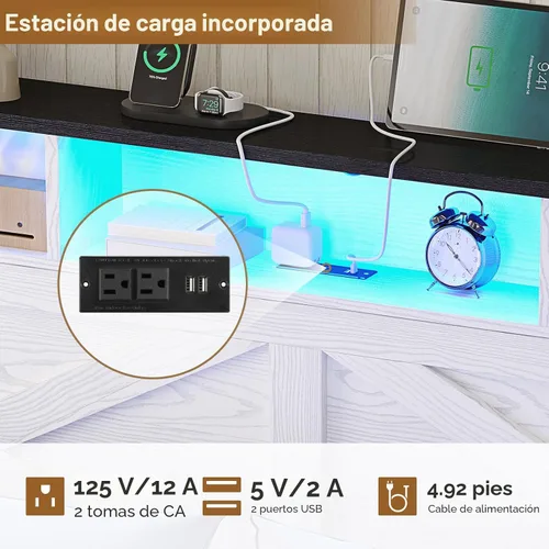 Miniatura 4 de Hasuit - Marco de cama tamaño queen con otomano de almacenamiento, marco de cama estilo granja con estación de carga y luz LED, cabecero con estante