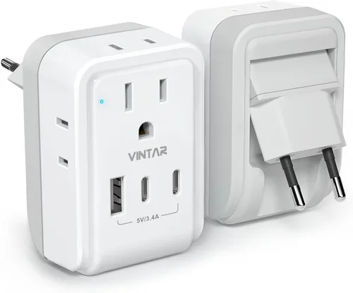 Miniatura 14 de Paquete de 2 adaptadores de enchufe de viaje europeo, VINTAR Adaptador de alimentación internacional plegable con 4 tomas de corriente AC, 3 puertos
