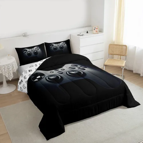 Miniatura 2 de Feelyou Juego de edredón negro para adolescentes y niños, juego de ropa de cama con estampado de consola de videojuegos de 2 piezas, 1 edredón con 1