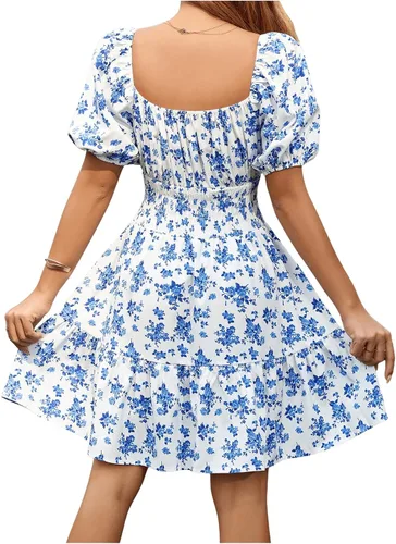 Miniatura 2 de Floerns Vestido bohemio de manga corta abombada con cuello cuadrado y lazo frontal para mujer