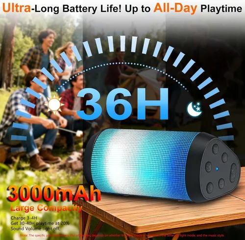Miniatura 4 de Altavoz Bluetooth portátil, potente sonido estéreo HD, IPX4 impermeable, hasta 36 horas de reproducción, 8 modos de luz LED fría, emparejamiento