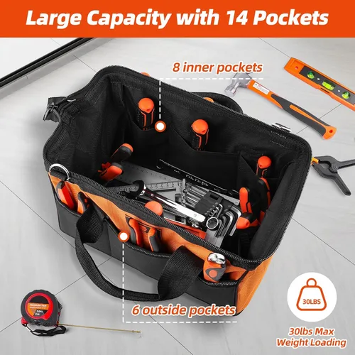 Miniatura 4 de Bolsa de Herramientas de 14'', Organizador de Herramientas con Bolsillo Exterior Grueso Impermeable, Bolsa Resistente con Correa para el Hombro