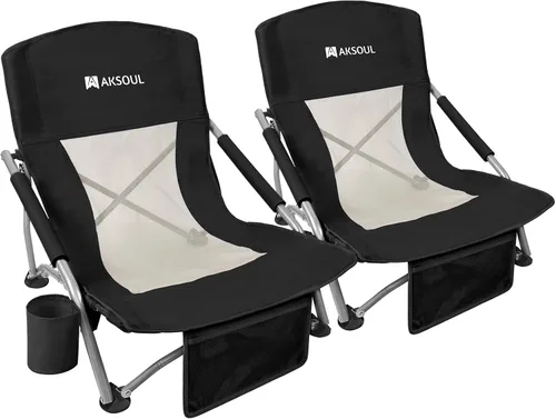 Miniatura 12 de AKSOUL Silla de playa plegable para adultos: sillas de respaldo bajo/alto con bolsa de transporte - Silla de asiento extra ancha con cómoda almohada