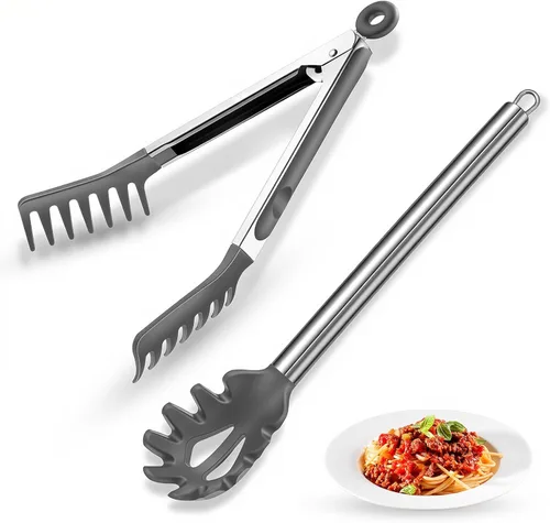 Miniatura 8 de Cuchara de espagueti y pinza para pasta con dientes de agarre y orificios de drenaje, cabezal de silicona antiadherente de 2 piezas con mango