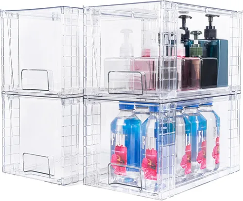 Miniatura 4 de Paquete de 2 cajones de almacenamiento apilables grandes, organizadores transparentes de acrílico con asa, fácil montaje para debajo del fregadero