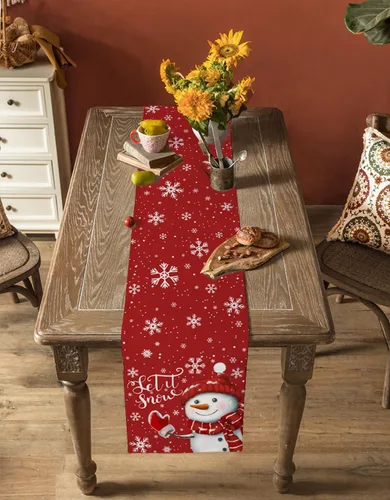 Miniatura 22 de Camino de mesa de muñeco de nieve de Navidad negro – Lino de algodón de 36 pulgadas de largo, bufandas de vestido de Navidad con copo de nieve