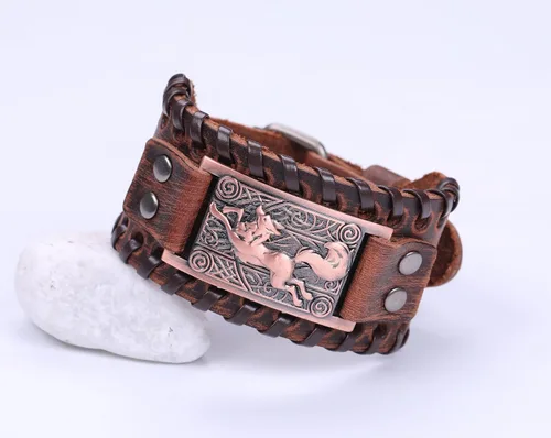 Miniatura 2 de Lemegeton Viking Runing Wolf Fox Celta Knotwork - Pulsera de cuero ancha para hombre, joyería punk vintage, Metal