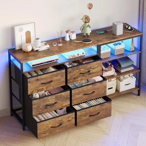 Miniatura 5 de BTHFST Soporte de TV para dormitorio con estación de carga y luces LED, centro de entretenimiento para TV de 60 pulgadas con 6 cajones de tela