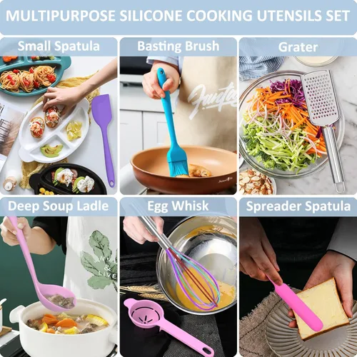 Miniatura 6 de Deedro - Juego de utensilios de cocina de silicona, 16 piezas de utensilios de cocina de silicona, resistentes al calor, con soporte, espátula
