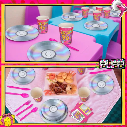 Miniatura 4 de Yungyan Juego de 252 platos y servilletas retro de los años 90, decoraciones de fiesta con texto en inglés "I Love the 90", desechables de vuelta a