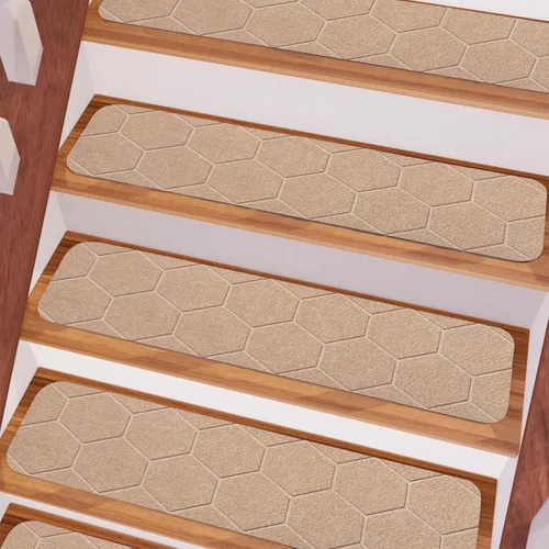MATAHUM Peldaños antideslizantes para escaleras, paquete de 15 alfombras de 8 x 30 pulgadas, color beige para escalones de madera en interiores,