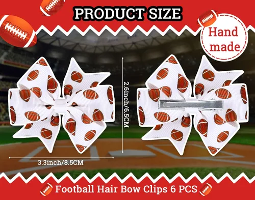 Miniatura 2 de Whaline 6 pinzas para el pelo de fútbol para niñas, estampado de fútbol marrón y blanco, cinta de grogrén con temática deportiva, pinzas