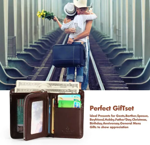 Miniatura 13 de Billetera para hombre con cremallera de cuero genuino RFID tarjeteros de piel de vaca con cremallera bolsillo para monedas, carteras plegables