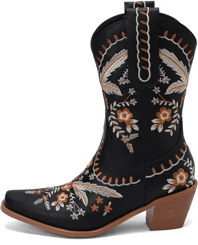 Miniatura 2 de LIPIJIXI Botas vaqueras bordadas para mujer, botas vaqueras para mujer, botas vaqueras florales de tacón bajo y grueso