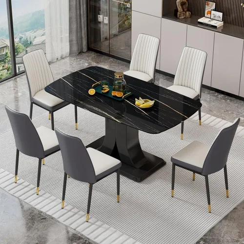 Miniatura 18 de Juego de mesa de comedor moderno para 6, juego de mesa de cocina y sillas de mármol para 6, mesa de cocina rectangular con 6 sillas tapizadas