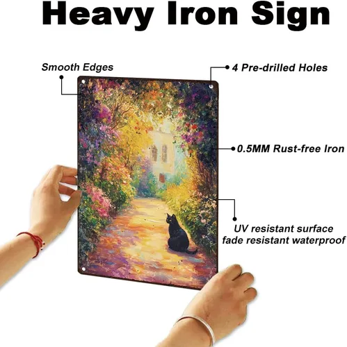 Miniatura 3 de Cartel de metal retro para decoración de pared con diseño de gato negro y jardín, 8 x 12 pulgadas, pintura al óleo de primavera, póster artístico