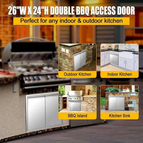 Miniatura 3 de Puertas de cocina para exteriores de 26 pulgadas de ancho x 24 pulgadas de alto con mango horizontal, puertas de acceso dobles para barbacoa, acero