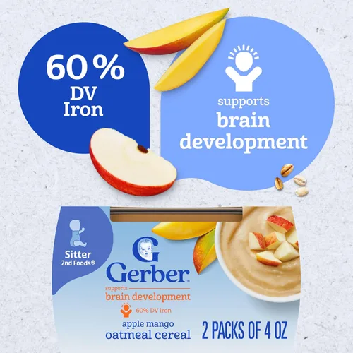Miniatura 7 de Gerber Baby Food 2nd Foods, Cereal Mixto, Manzanas y Mangos con Puré de Cereal de Arroz, Envases de 4 Onzas, Paquete de 2 (Paquete de 8)