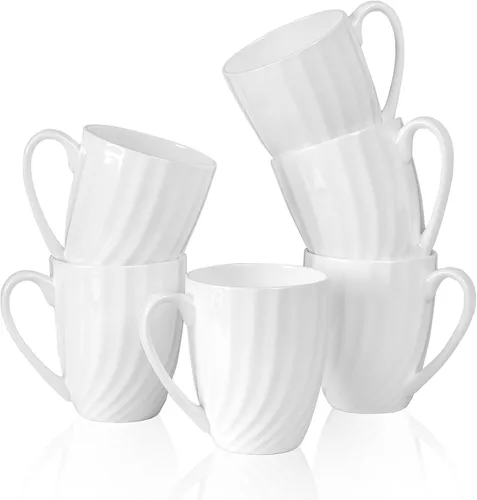 Miniatura 11 de Juego de 2 tazas de café blancas de porcelana fina (12 onzas), tazas de té de cerámica con patrón en espiral, tazas de café finas de China, tazas