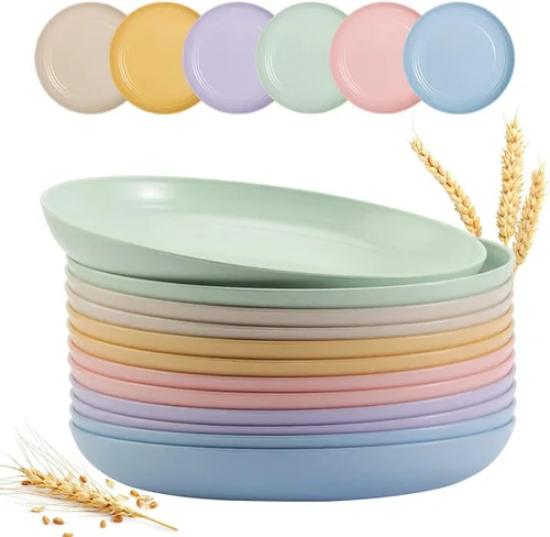 Paquete de 12 platos ligeros de paja de trigo de 9 pulgadas, patés profundos irrompibles para niños, platos de plástico reutilizables, juegos de