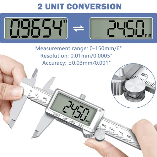 Miniatura 4 de HDLNKAK Calibre digital recargable de 6 "/ 150 mm, herramienta de medición de calibrador de conversión de pulgadas/MM con pantalla LCD grande