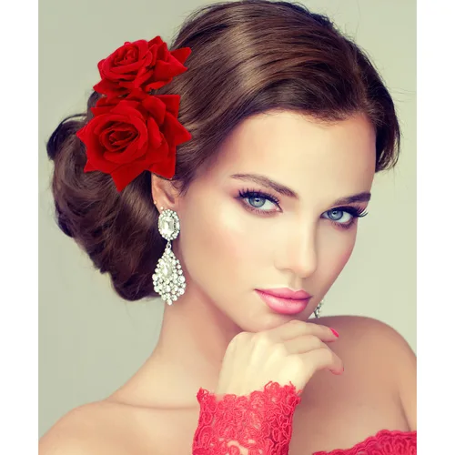 Miniatura 2 de Bememo Paquete de 2 pinzas para el pelo de rosas para mujer, peines laterales de rosas, flores flamencas, disfraces del Día de los Muertos, Rojo