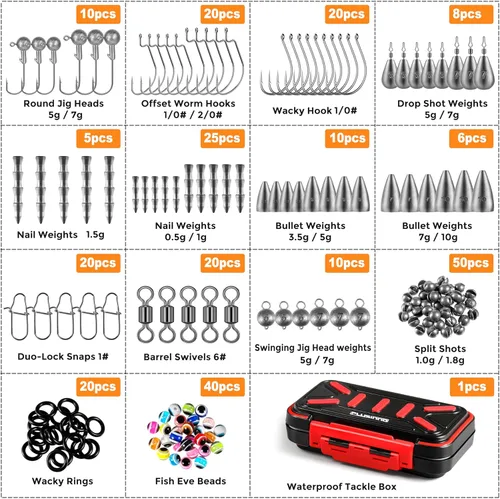 Miniatura 5 de PLUSINNO Kit de 264 piezas de accesorios de pesca, caja de aparejos organizada con aparejos incluidos, pesas y plomos de pesca, anzuelos