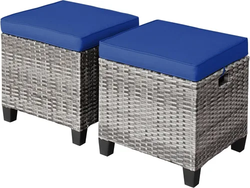 Miniatura 10 de HAPPYGRILL Juego de 2 otomanas de mimbre de ratán para exteriores, con cojines extraíbles, muebles de patio, reposapiés, asiento para reposapiés