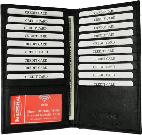 Marshal Billetera de Cuero Bifold con Bloqueo RFID para Hombres y Mujeres | Soporte de Cuero Genuino con 19 Ranuras, 2 Compartimentos para Billetes