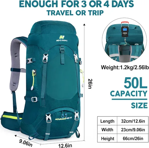Miniatura 3 de N NEVO RHINO - Mochila de senderismo con marco interno 50, 60, 65, 70 y 80 L, mochila impermeable para escalar, camping, con cubierta de lluvia