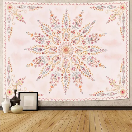 Miniatura 23 de Fowocu Tapiz bohemio con mandala floral para colgar en la pared, medallón de flores bohemias, tapiz estético, beige, naranja, hippie, indio, pequeño