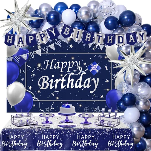 Decoraciones de cumpleaños azul marino para hombres, niños, mujeres y niñas, 80 piezas de decoraciones de fiesta azules y plateadas, telón de fondo