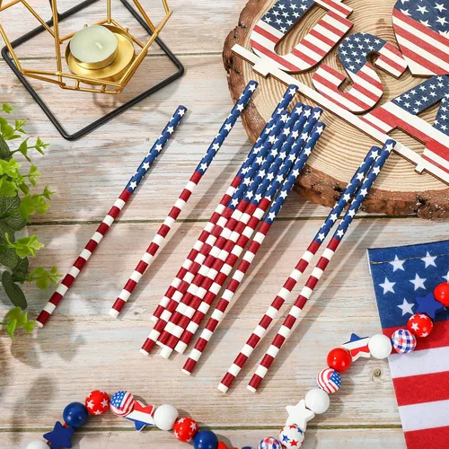 Miniatura 4 de AnyDesign 200 pajitas de papel patrióticas impresas con la bandera estadounidense del 250 aniversario, pajitas desechables para el 4 de julio