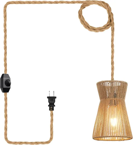 Lámpara Colgante Enchufable de 15 pies con Cable, Interruptor Regulable, Lámpara Colgante de Ratán con Mimbre Tejido a Mano, Candelabro Enchufable,