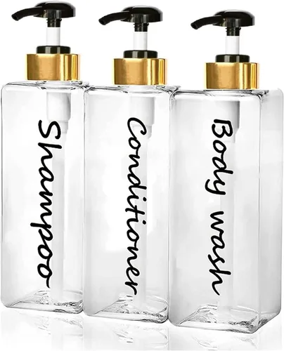 Miniatura 8 de Dispensador de champú – Botellas recargables de champú y acondicionador (transparente, juego de 3, 21 onzas) – Botellas de champú modernas