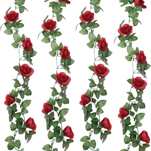 Syhood Guirnalda de rosas artificiales, enredaderas y hojas, pancartas colgantes, guirnalda floral falsa para ceremonia de arco de boda, hogar, Rojo
