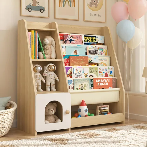 Miniatura 11 de FKWin Estantería infantil 2 en 1 y almacenamiento de juguetes de 5 niveles con carrito rodante, almacenamiento oculto para guardería, sala