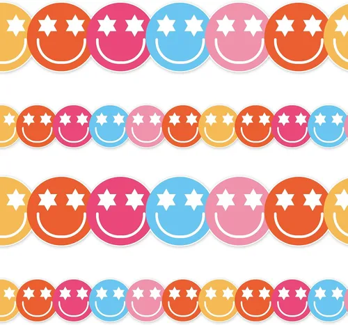 Tablero de anuncios Groovy Happy Face de 32.8 pies con borde colorido de cara sonriente troquelada, rollo de borde para decoración de pared de