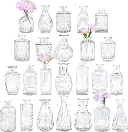 Miniatura 8 de TBWIND Juego de 12 jarrones de cristal verde, pequeños jarrones para flores, florero para centros de mesa a granel, mini jarrón vintage