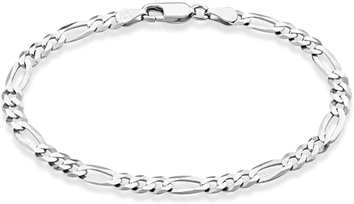 Miabella Brazalete de plata de ley 925 maciza italiana de 316 de pulgada, brazalete Figaro cortado con diamante, para hombre o mujer, fabricado en