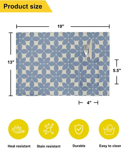 Miniatura 6 de Juego de 6 manteles individuales geométricos azules para mesa de comedor, manteles individuales de lino de algodón con bolsillo, tapete de arpillera
