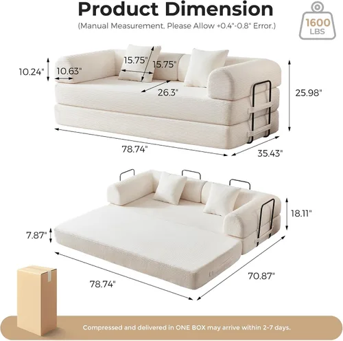 Miniatura 2 de Sofá cama convertible de pana de 79 pulgadas, sofá cama de asiento profundo, sofá cama con cama extraíble, sofá modular para piso de apartamento