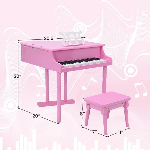 Miniatura 6 de HONEY JOY Piano clásico para niños, mini piano de cola de 30 teclas con soporte de música y banco, juguete de instrumento musical de madera con tapa