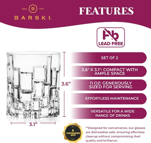 Miniatura 5 de Barski Vasos de whisky – Doble Old Fashioned Rocks Glass – Juego de 2 vasos de cristal DOF – para whisky – Bourbon – Agua – Bebidas – Vasos