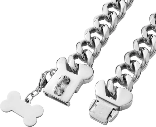 Miniatura 3 de Collar de Perro de Acero Inoxidable con Eslabones Cubanos Plateados de Servicio Pesado para Perros Pequeños, Medianos y Grandes, Collar de Perro