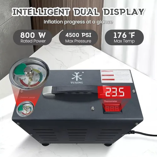 Miniatura 2 de TUXING Compresor de aire PCP de 4500 PSI Compresor de tanque de buceo de doble cilindro de 800 W Sistema de enfriamiento de ventilador integrado