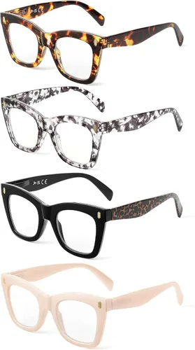 Miniatura 3 de JM - Paquete de 4 anteojos de lectura sobredimensionados para mujeres, estilo ojo de gato a la moda, estilo Oprah, con bloqueo de luz azul, anteojos