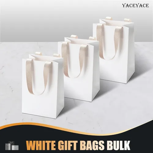 Miniatura 6 de Bolsas de regalo blancas con asas, 10 bolsas pequeñas de papel blanco de 5.25 x 3.75 x 8 pulgadas con asas de cinta, bolsa de compras de papel kraft